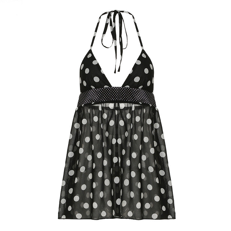 European And American Polka Dot Print Deep V-neck Irregular Hem Halter