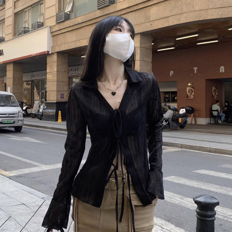 Summer Cardigan Semi See-through Chiffon Lace-up Air Conditioning Shirt