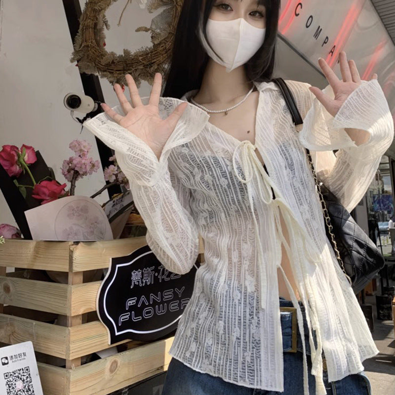 Summer Cardigan Semi See-through Chiffon Lace-up Air Conditioning Shirt
