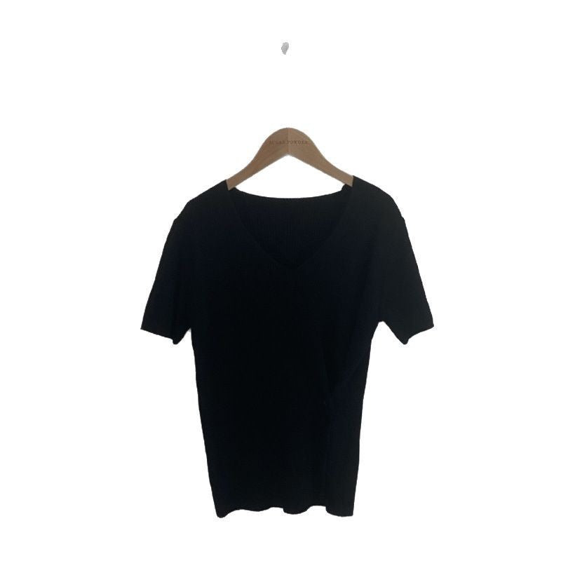 Summer Elegant V-neck Split Waist Fitted Short-sleeved Sweater