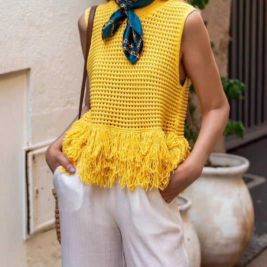 Women's Decorated Tassel Plaid Knitted Top