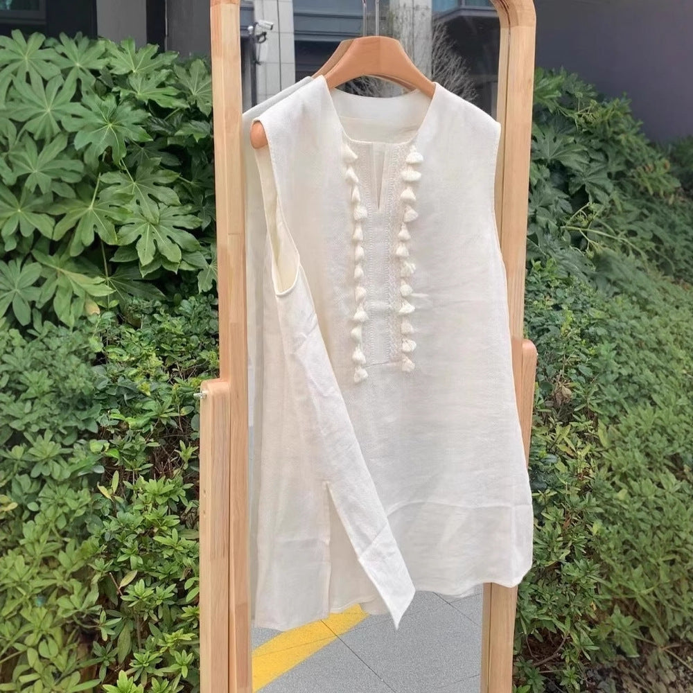 Linen Vest For Women Mid-length Unique Tassel Sleeveless Shirt Summer
