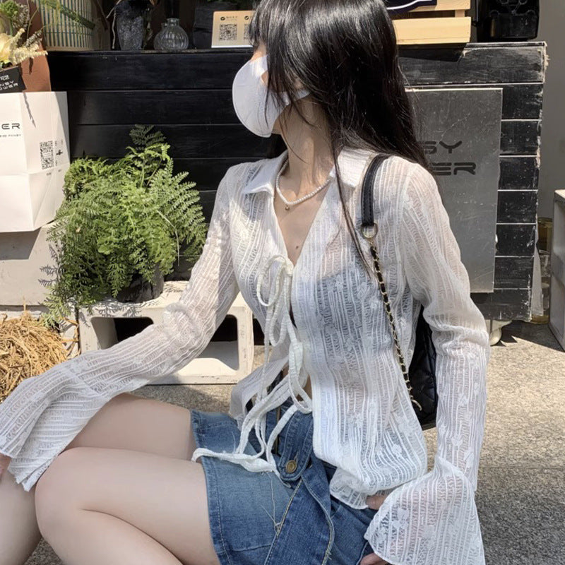 Summer Cardigan Semi See-through Chiffon Lace-up Air Conditioning Shirt