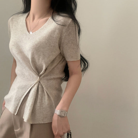 Summer Elegant V-neck Split Waist Fitted Short-sleeved Sweater