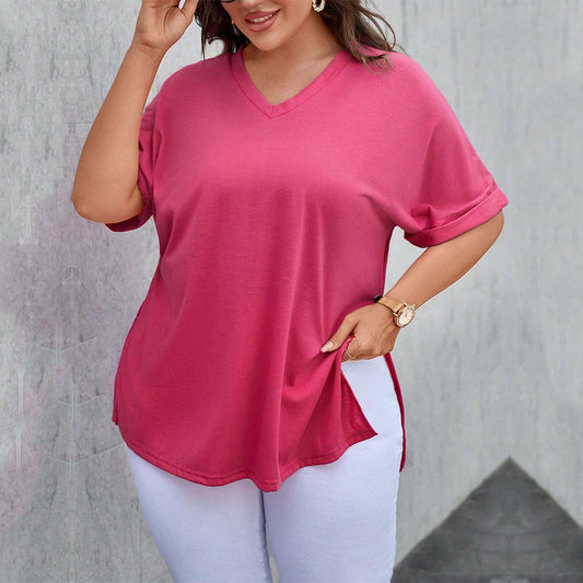 Women's V-neck Loose Casual Slit Solid Color Short Sleeve T-shirt Top