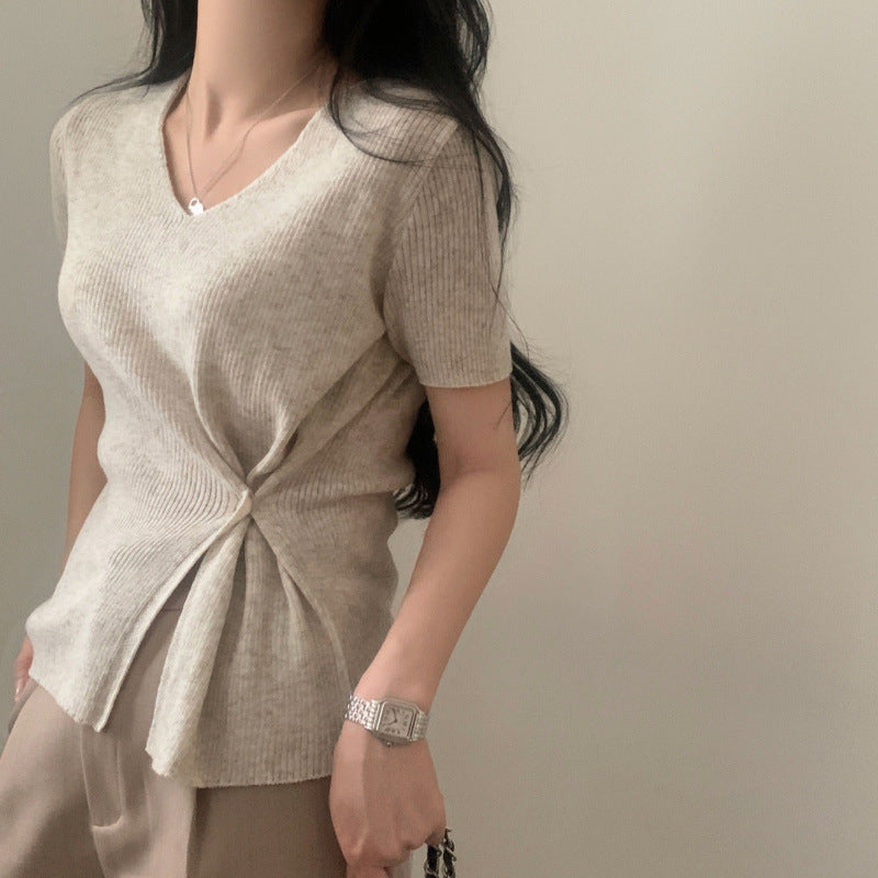 Summer Elegant V-neck Split Waist Fitted Short-sleeved Sweater