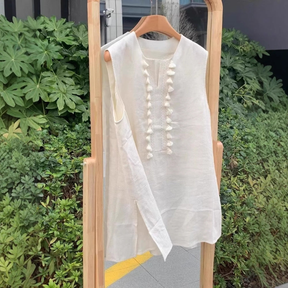 Linen Vest For Women Mid-length Unique Tassel Sleeveless Shirt Summer