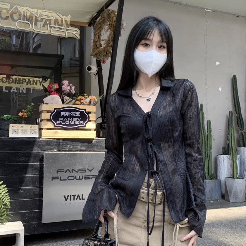 Summer Cardigan Semi See-through Chiffon Lace-up Air Conditioning Shirt