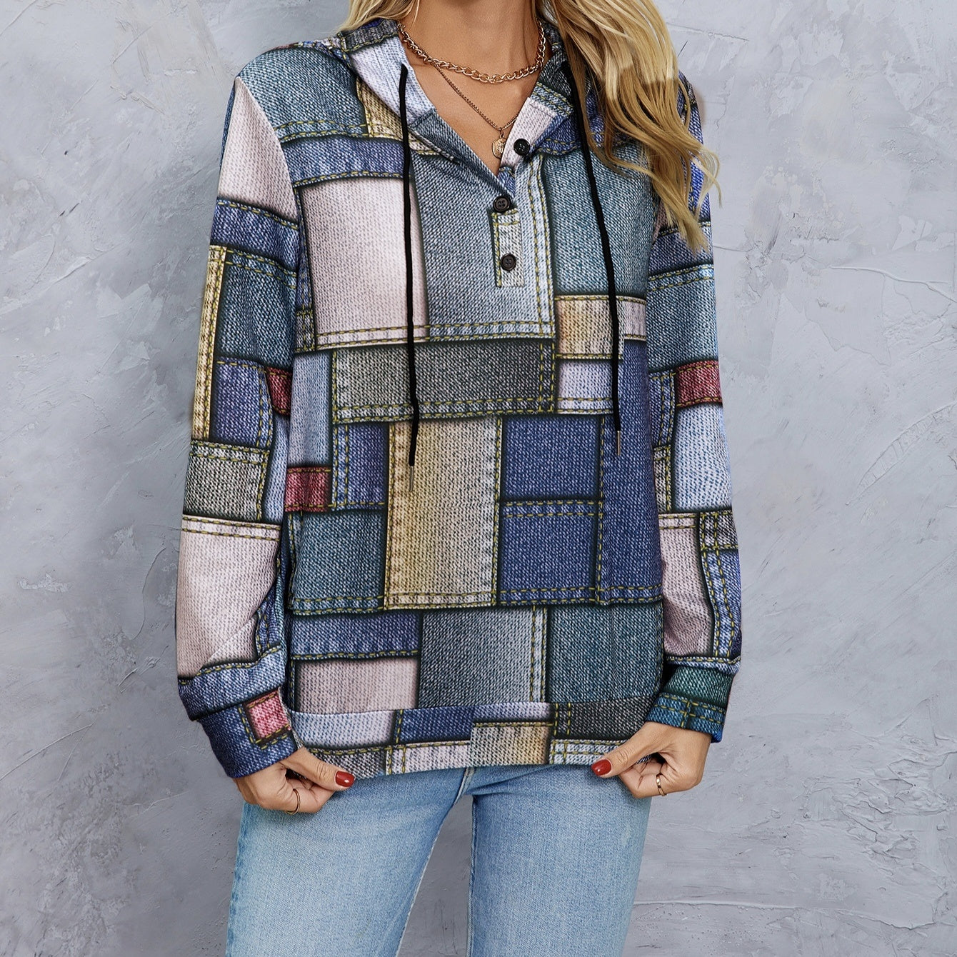 Women's Hooded Geometric Print Drawstring Fashionable Casual Hoodie Top