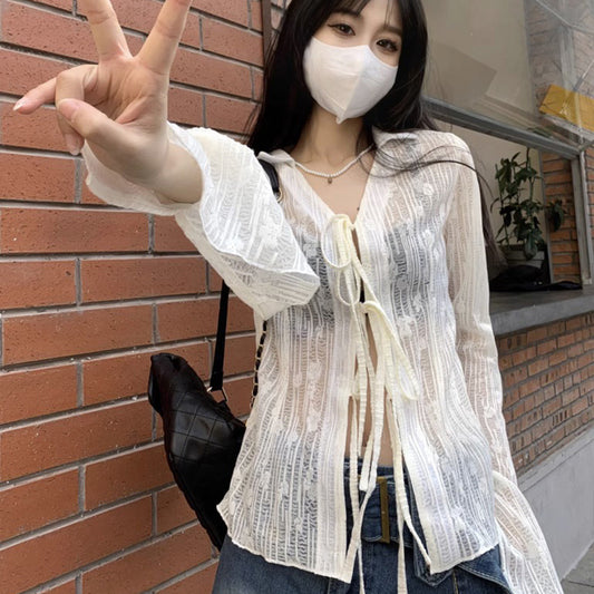 Summer Cardigan Semi See-through Chiffon Lace-up Air Conditioning Shirt
