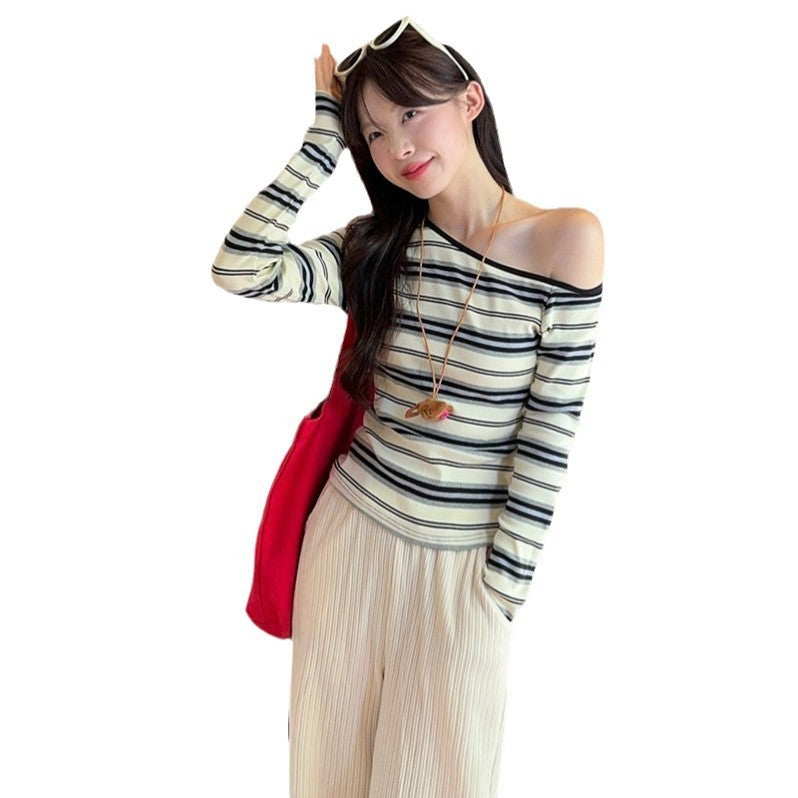 Women's Contrast Striped Long-sleeved T-shirt Oblique Shoulder Tops