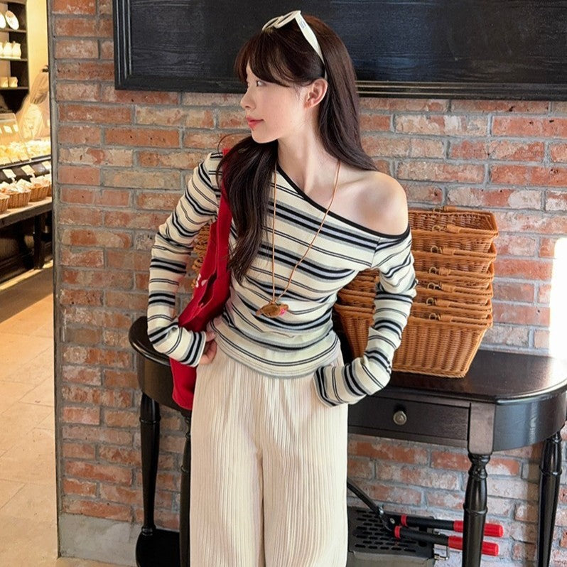 Women's Contrast Striped Long-sleeved T-shirt Oblique Shoulder Tops